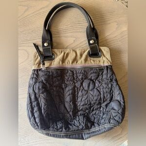 Vintage Fossil Quilted Handbag – Black with Tan & Purple Accents